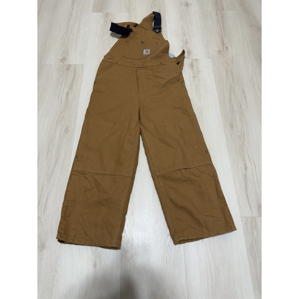 Carhartt Youth Brown Bib Overalls Model 13706 Size 10 Side Leg Zip Double Knee